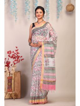 ANUTTARA - Women White Floral Printed Kota Doria Saree with Unstitched Blouse