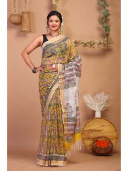 ANUTTARA - Women Mustard Floral Printed Kota Doria Saree with Unstitched Blouse