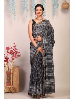 ANUTTARA - Women Black Block Printed Bhagalpuri Cotton Silk Saree with Unstitched Blouse