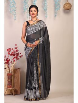 ANUTTARA - Women Black Checked Bhagalpuri Cotton Silk Saree with Unstitched Blouse