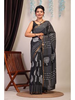 ANUTTARA - Women Black Floral Printed Bhagalpuri Cotton Silk Saree with Unstitched Blouse