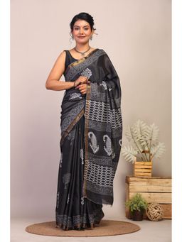 ANUTTARA - Women Black Floral Printed Bhagalpuri Cotton Silk Saree with Unstitched Blouse