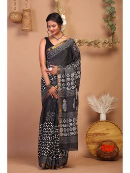 ANUTTARA - Women Black Printed Bhagalpuri Cotton Silk Saree with Unstitched Blouse