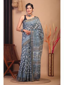 ANUTTARA - Blue Floral Printed Bhagalpuri Cotton Silk Saree with Unstitched Blouse