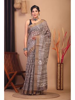 ANUTTARA - Brown Floral Printed Bhagalpuri Cotton Silk Saree with Unstitched Blouse