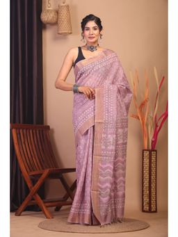 ANUTTARA - Pink Floral Printed Bhagalpuri Cotton Silk Saree with Unstitched Blouse