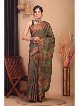 ANUTTARA - Green Floral Printed Bhagalpuri Cotton Silk Saree with Unstitched Blouse
