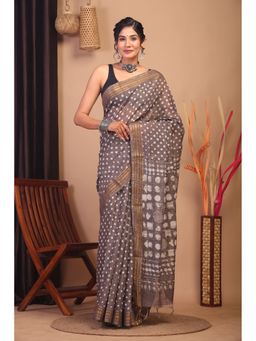 ANUTTARA - Brown Polka Printed Bhagalpuri Cotton Silk Saree with Unstitched Blouse