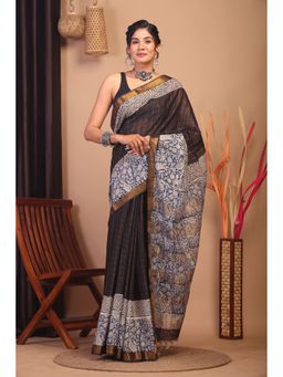 ANUTTARA - Black Paisley Printed Bhagalpuri Cotton Silk Saree with Unstitched Blouse