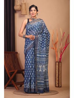 ANUTTARA - Blue Floral Printed Bhagalpuri Cotton Silk Saree with Unstitched Blouse