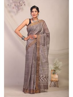 ANUTTARA - Brown Striped Bhagalpuri Cotton Silk Saree with Unstitched Blouse