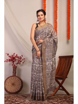 ANUTTARA - Brown Floral Printed Bhagalpuri Cotton Silk Saree with Unstitched Blouse