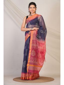 ANUTTARA - Navy Blue Floral Printed Saree with Unstitched Blouse with Woven Border