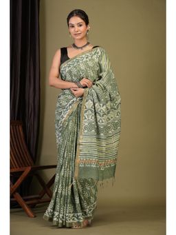 ANUTTARA - Women Green Hand Painted Cotton Silk Saree with Unstitched Blouse