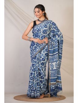 ANUTTARA - Women Dark Blue Hand Painted Cotton Silk Saree with Unstitched Blouse
