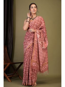 ANUTTARA - Women Pink Hand Painted Cotton Silk Saree with Unstitched Blouse