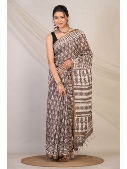 ANUTTARA - Women Brown Hand Painted Cotton Silk Saree with Unstitched Blouse