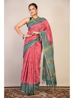 ANUTTARA - Women Pink Paisley Printed Cotton Linen Saree with Unstitched Blouse