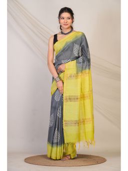 ANUTTARA - Women Grey Floral Printed Cotton Linen Saree with Unstitched Blouse
