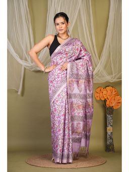ANUTTARA - Women Lavender Floral Printed Cotton Linen Saree with Unstitched Blouse