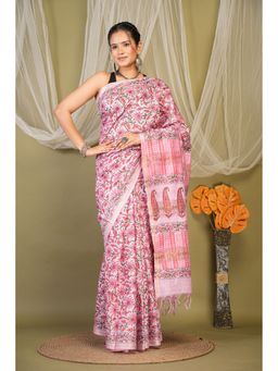 ANUTTARA - Women Pink Floral Printed Cotton Linen Saree with Unstitched Blouse
