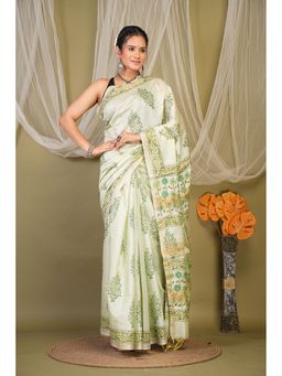 ANUTTARA - Women Green Floral Printed Cotton Linen Saree with Unstitched Blouse