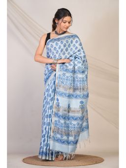 ANUTTARA - Women Sky Blue Floral Printed Cotton Linen Saree with Unstitched Blouse