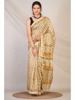 ANUTTARA - Women Beige Floral Printed Cotton Linen Saree with Unstitched Blouse