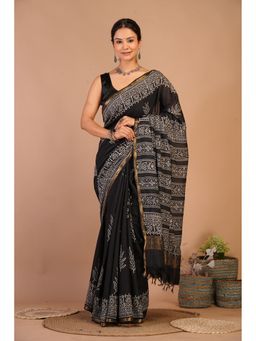ANUTTARA - Women Black Floral Printed Cotton Silk Saree with Unstitched Blouse