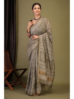 ANUTTARA - Women Olive Floral Printed Cotton Silk Saree with Unstitched Blouse