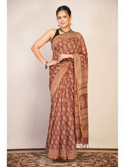 ANUTTARA - Women Brown Floral Printed Cotton Silk Saree with Unstitched Blouse