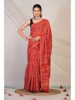 ANUTTARA - Women Red Floral Printed Cotton Silk Saree with Unstitched Blouse