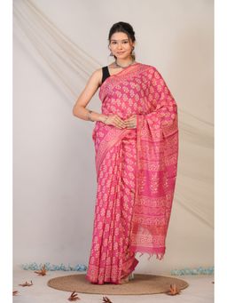 ANUTTARA - Women Pink Floral Printed Cotton Silk Saree with Unstitched Blouse