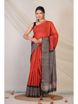 ANUTTARA - Women Red Printed Cotton Silk Saree with Unstitched Blouse