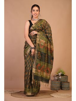 ANUTTARA - Women Dark Green Printed Cotton Silk Saree with Unstitched Blouse