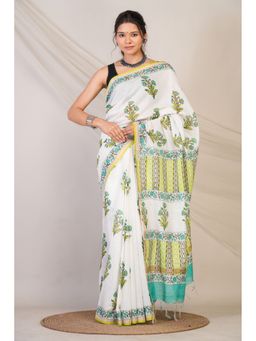 ANUTTARA - Women White Floral Printed Bhagalpuri Cotton Silk Saree with Unstitched Blouse