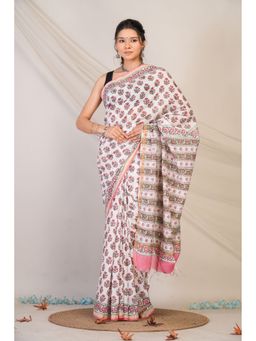 ANUTTARA - Women White Floral Printed Bhagalpuri Cotton Silk Saree with Unstitched Blouse