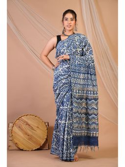 ANUTTARA - Women Blue Block Printed Bhagalpuri Cotton Silk Saree with Unstitched Blouse
