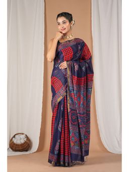 ANUTTARA - Women Navy Blue Printed Cotton Silk Saree with Unstitched Blouse