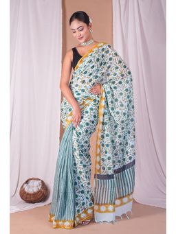 ANUTTARA - Women White Floral Printed Cotton Blend Saree with Unstitched Blouse