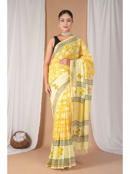 ANUTTARA - Women Yellow Floral Printed Cotton Blend Saree with Unstitched Blouse