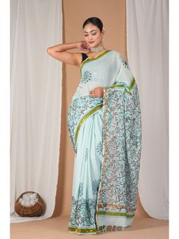 ANUTTARA - Women Blue Floral Printed Cotton Blend Saree with Unstitched Blouse