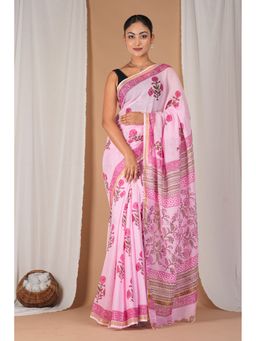 ANUTTARA - Women Baby Pink Floral Printed Cotton Blend Saree with Unstitched Blouse