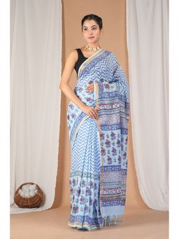 ANUTTARA - Women Sky Blue Printed Cotton Blend Saree with Unstitched Blouse