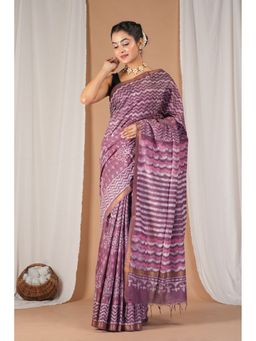 ANUTTARA - Women Purple Block Printed Cotton Silk Saree with Unstitched Blouse