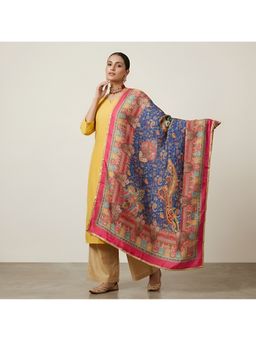 MUFFLY - Blue Women Floral Printed Dupatta with Mirror Work and Lace Border
