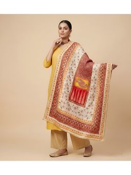 MUFFLY - Off White Women Jacquard Bamboo Silk Dupatta with Mirror Work and Lace Border
