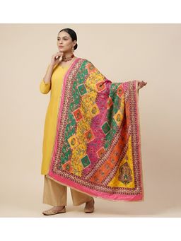 MUFFLY - Multi-Colour Women Jacquard Bamboo Silk Dupatta with Mirror Work and Lace Border