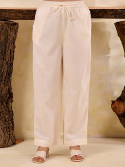 ARAMYA - Off White Linen Cotton Solid Pant