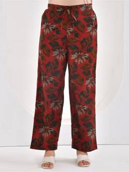 ARAMYA - Maroon Soft Cotton Floral Pant